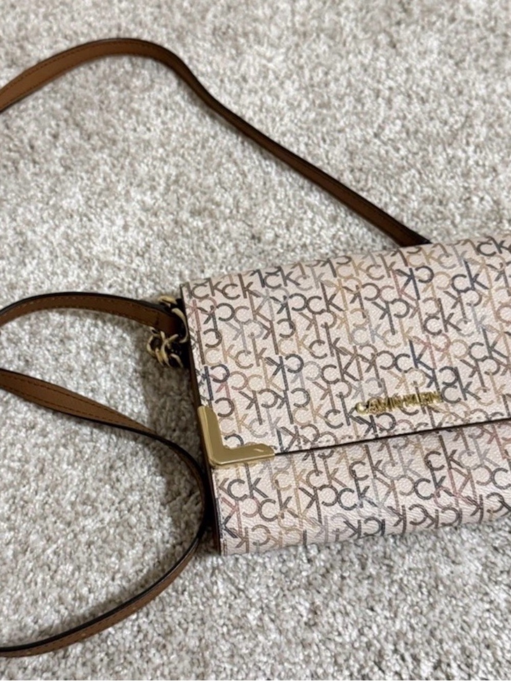Calvin Klein Beige Logo Crossbody with Brown Trim and Gold Hardware